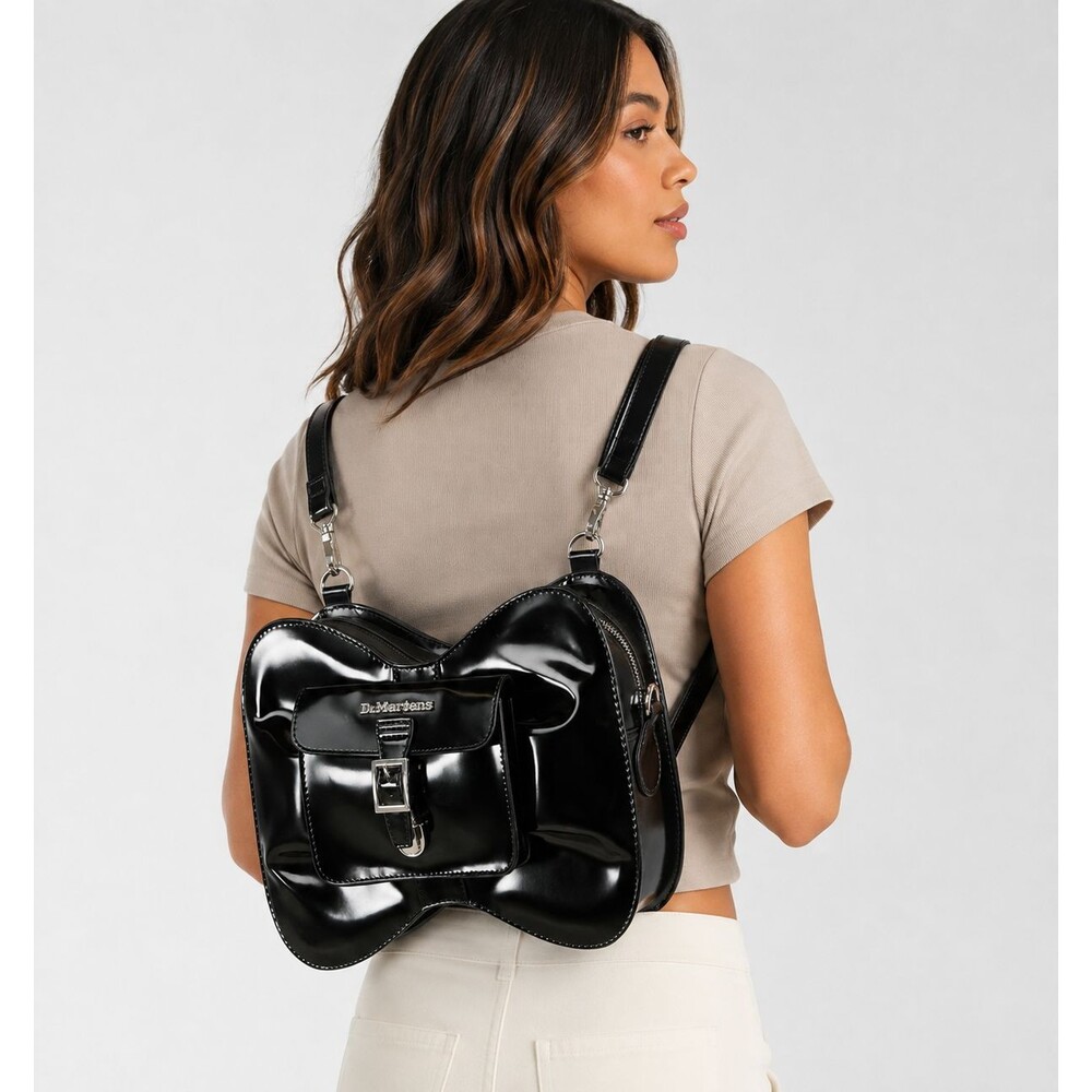 DR. MARTENS Women's Goth Bow Vegan Patent Crossbody Backpack Black Bag AD083001